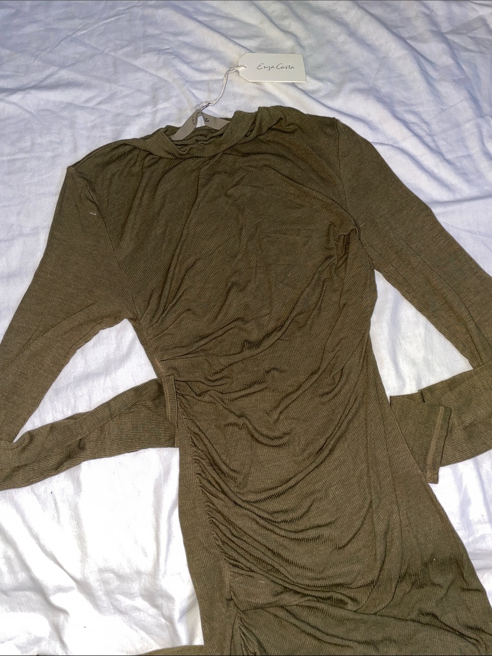 Enza Costa Twist Olive Knit Ruched Long Sleeve Dress